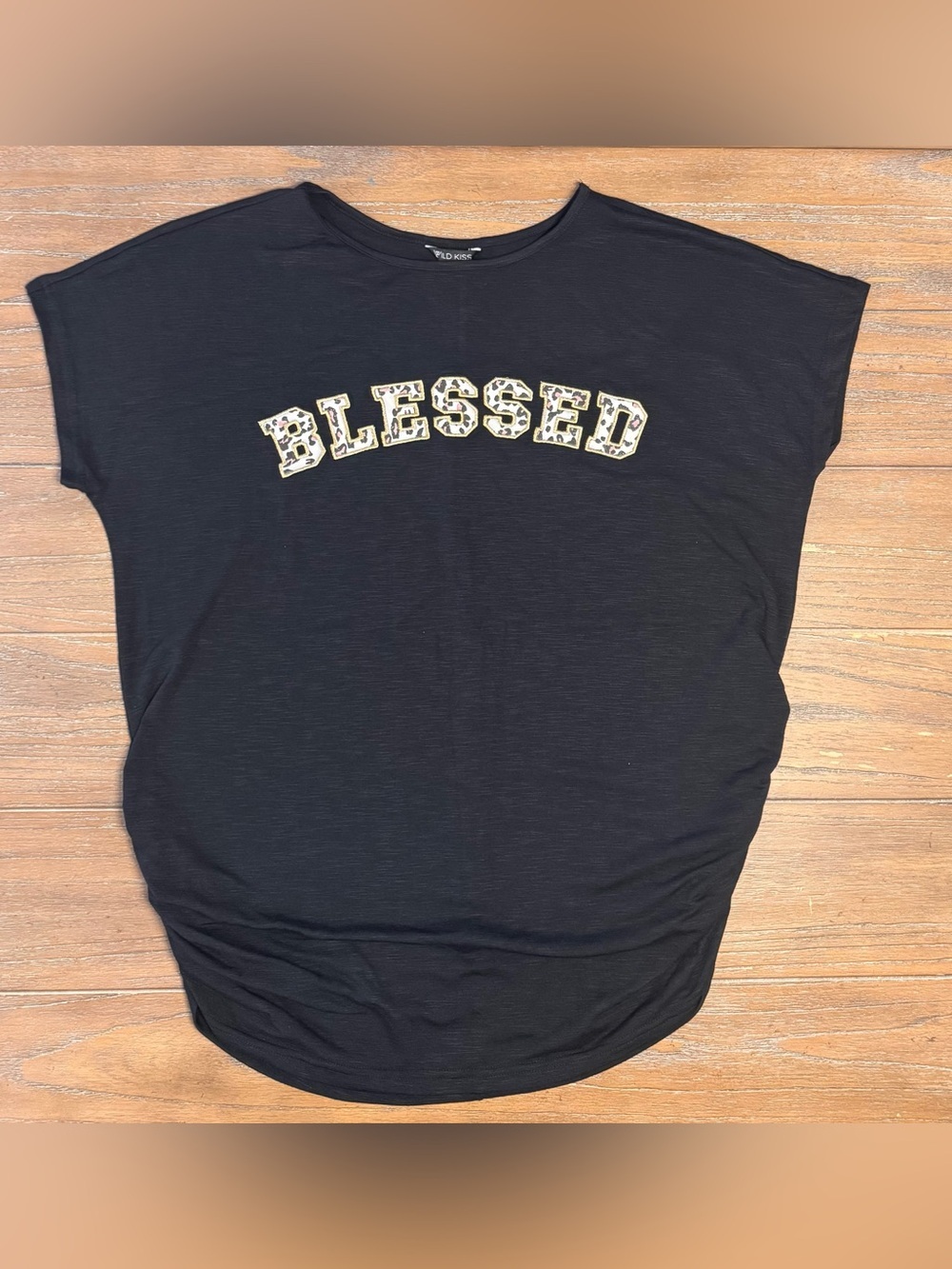 Wild Kiss Black 'Blessed' Short Sleeve Graphic Tee with Leopard Accent #58